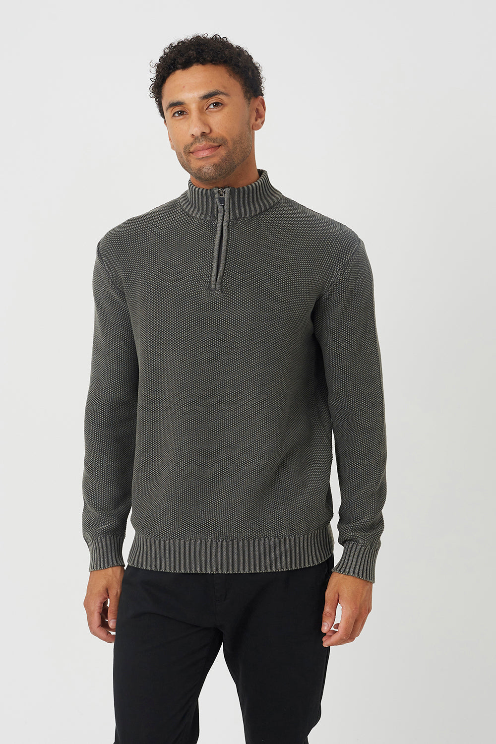 Brave Soul Grey Acid Wash Quarter Zip Jumper - Grey Image 1