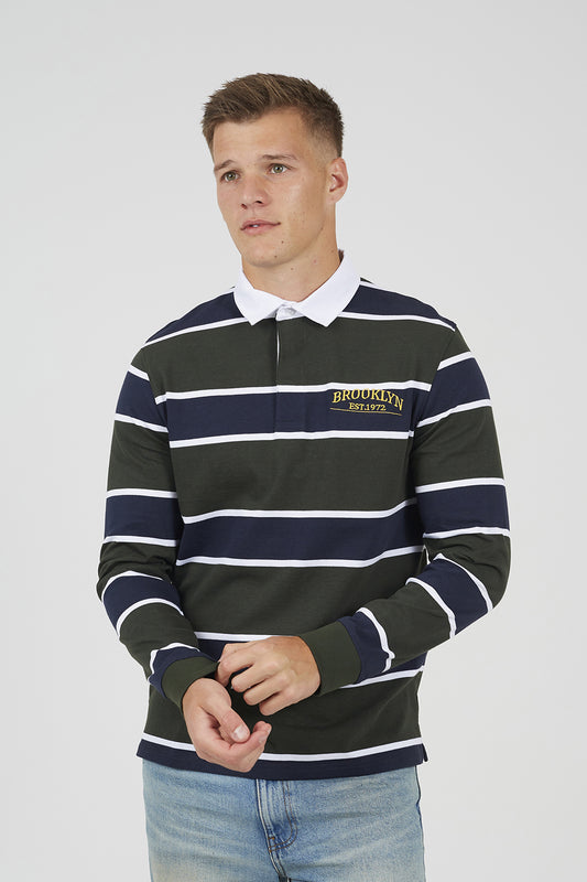Brave Soul Dark Green Striped Rugby Shirt - Dark Green Image 1