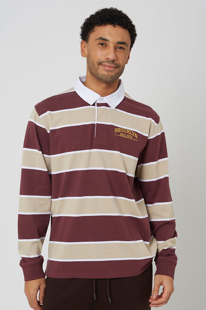 Brave Soul Wine Striped Rugby Shirt - Wine Image 1