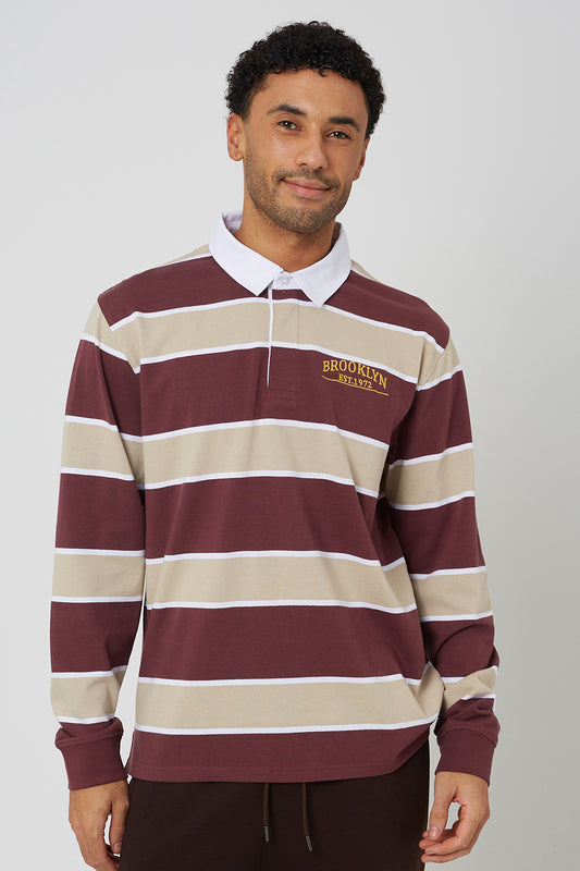 Brave Soul Wine Striped Rugby Shirt - Wine Image 1