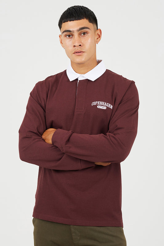 Brave Soul Burgundy Solid Colour Rugby Shirt - Burgundy Image 1