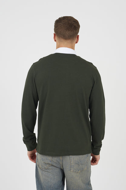 Brave Soul Dark Green Solid Colour Rugby Shirt - Dark Green Image 2