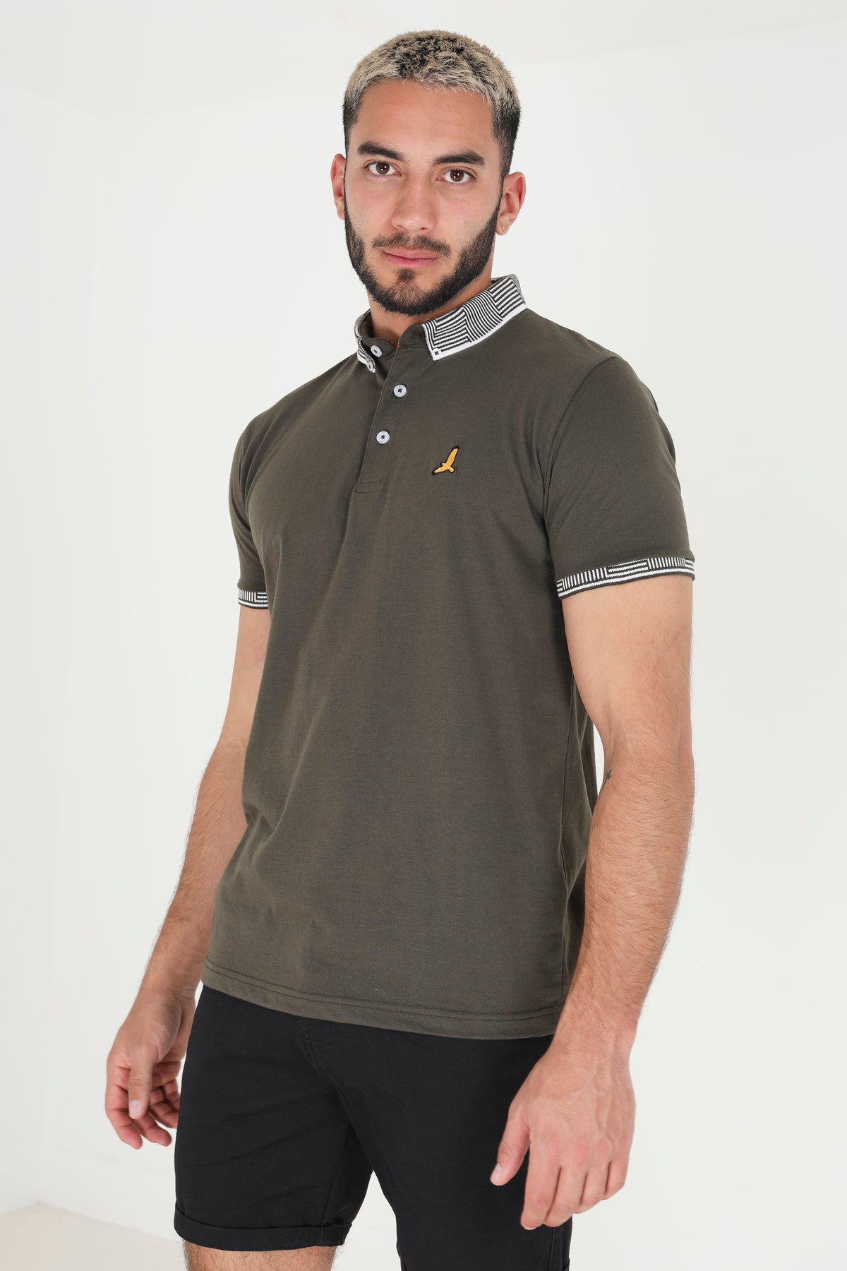 Brave Soul Khaki Short Sleeve Jacquard Collar Jersey Polo Shirt - Khaki Image 1