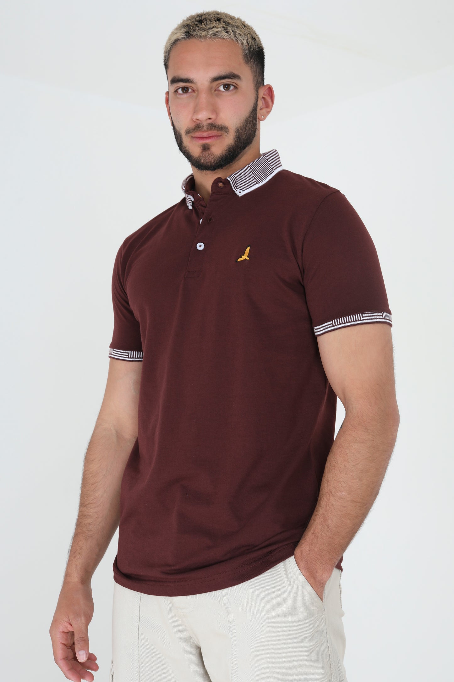 Brave Soul Burgundy Short Sleeve Jacquard Collar Jersey Polo Shirt - Burgundy Image 1