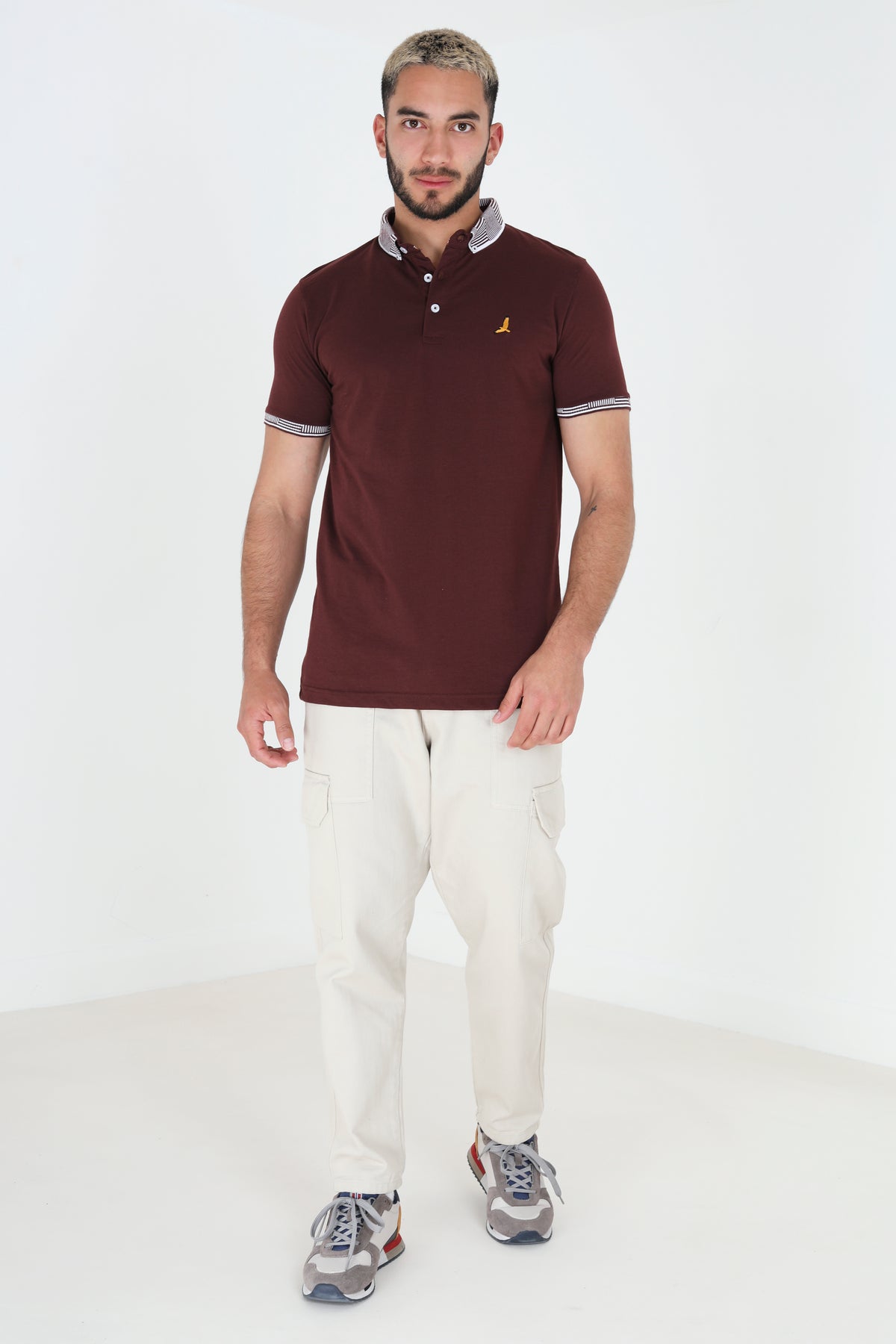 Brave Soul Burgundy Short Sleeve Jacquard Collar Jersey Polo Shirt - Burgundy Image 3