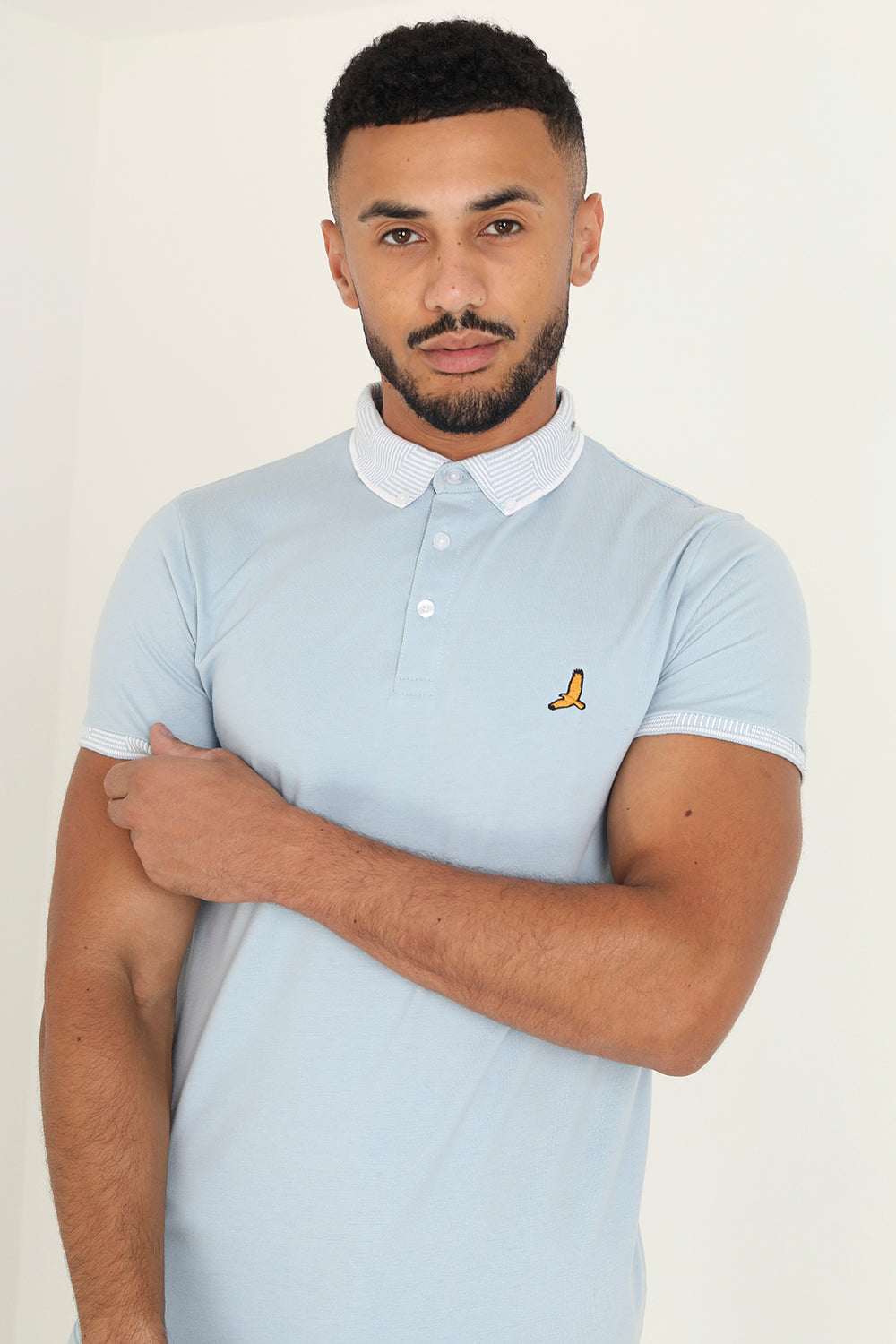 Brave Soul Pale Blue Short Sleeve Jacquard Collar Jersey Polo Shirt - Pale Blue Image 3