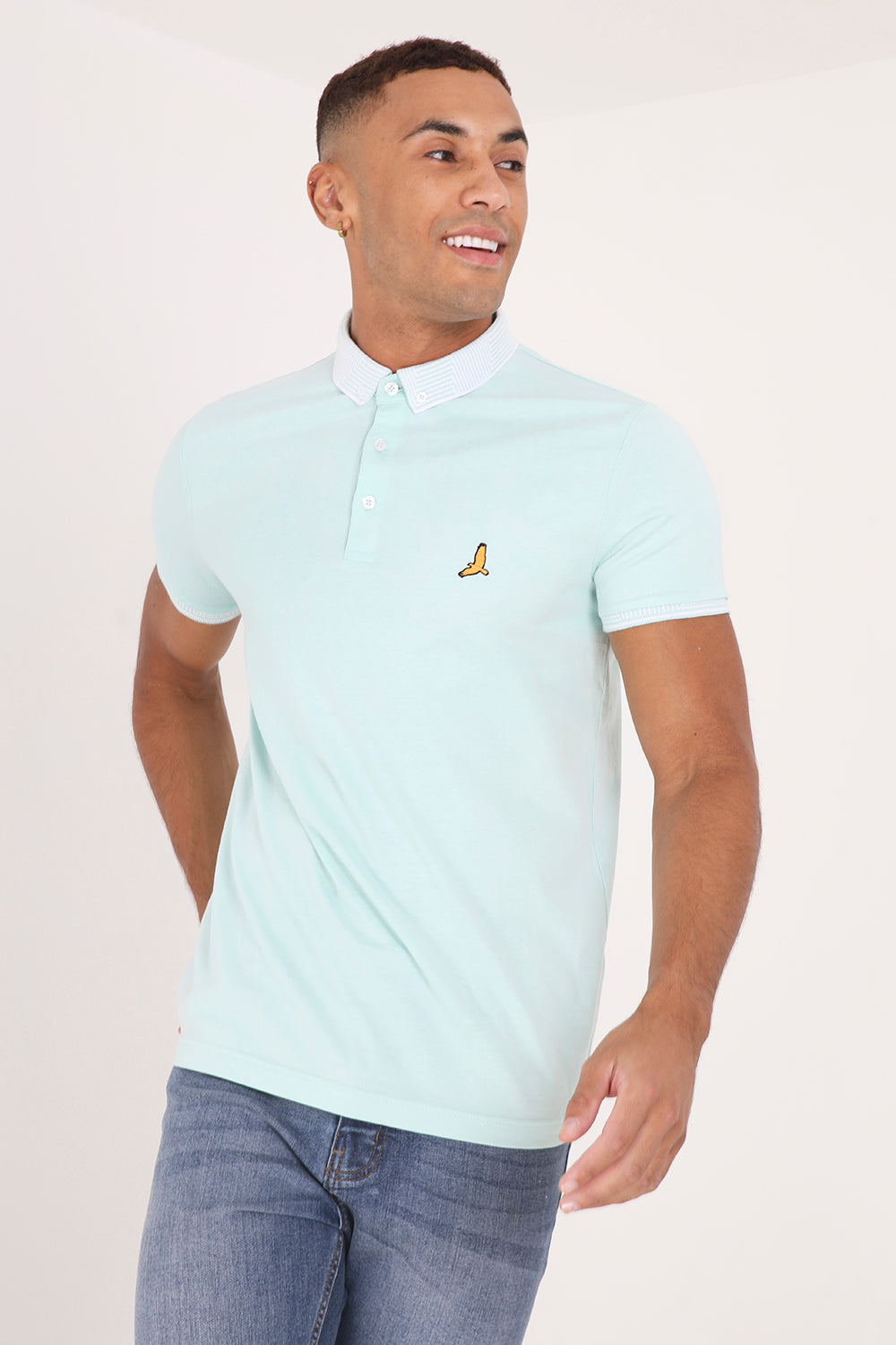 Brave Soul Light Green Short Sleeve Jacquard Collar Jersey Polo Shirt - Light Green Image 1