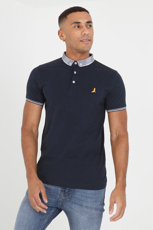 Brave Soul Navy Short Sleeve Jacquard Collar Jersey Polo Shirt - Navy Image 1