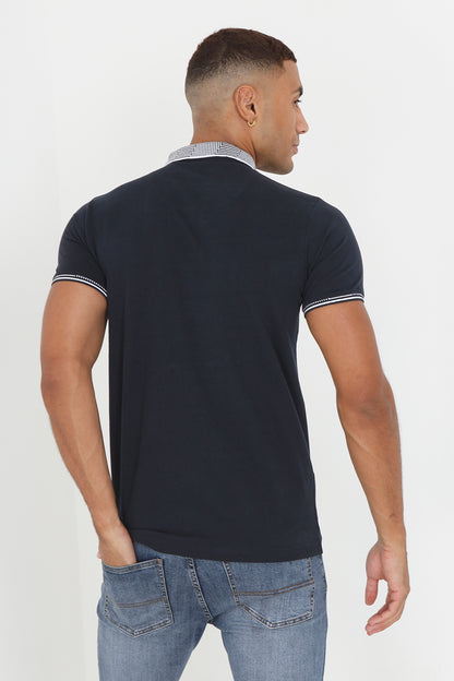Brave Soul Navy Short Sleeve Jacquard Collar Jersey Polo Shirt - Navy Image 2