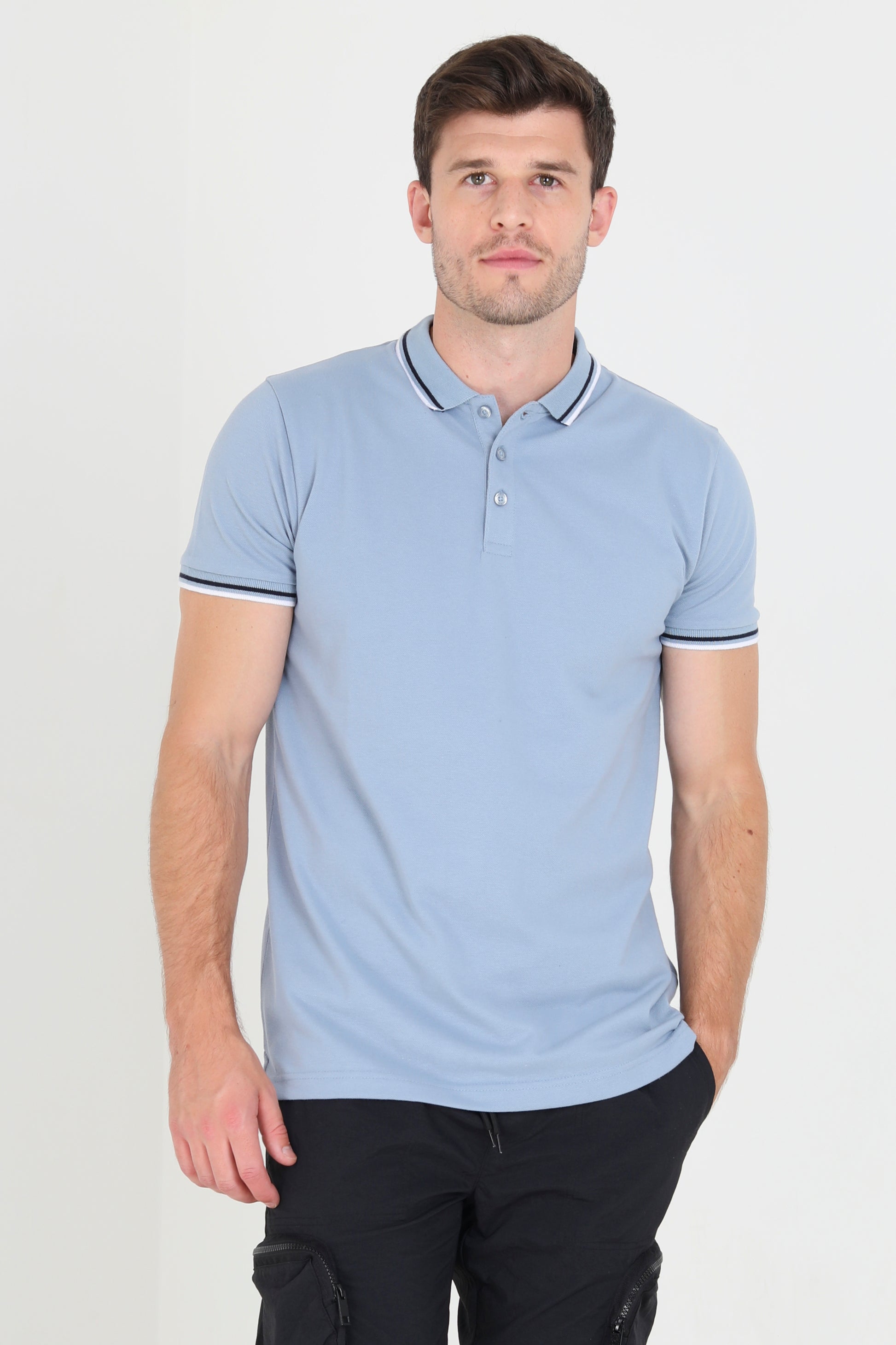 Brave Soul Blue Short Sleeve Pique Polo Shirt With Contrast Tipping - Blue Image 1
