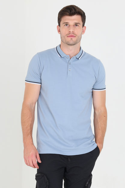 Brave Soul Blue Short Sleeve Pique Polo Shirt With Contrast Tipping - Blue Image 1