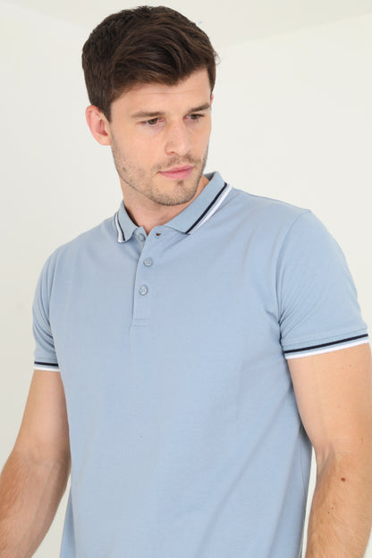 Brave Soul Blue Short Sleeve Pique Polo Shirt With Contrast Tipping - Blue Image 3