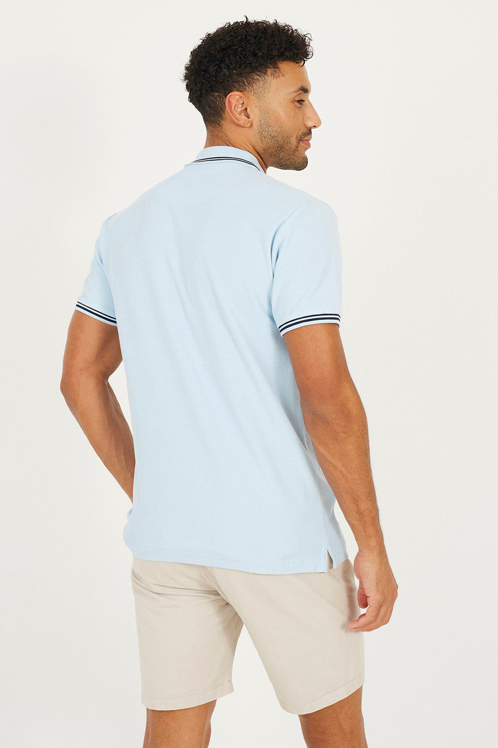 Brave Soul Blue Cotton Polo Shirt with Contrast Colour Stripe - Blue Image 2