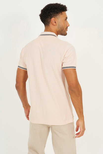 Brave Soul Pink Cotton Polo Shirt with Contrast Colour Stripe - Pink Image 2