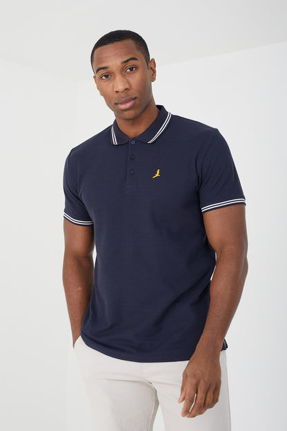 Brave Soul Navy Cotton Polo Shirt with Contrast Collar - Navy Image 1