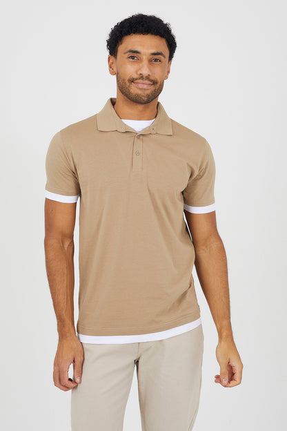 Brave Soul Stone Mock Neck Polo Shirt - Stone Image 1