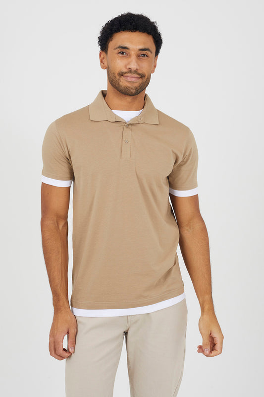 Brave Soul Stone Mock Neck Polo Shirt - Stone Image 1