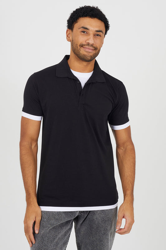Brave Soul Black Cotton Mock Crew Neck Polo Shirt - Black Image 1