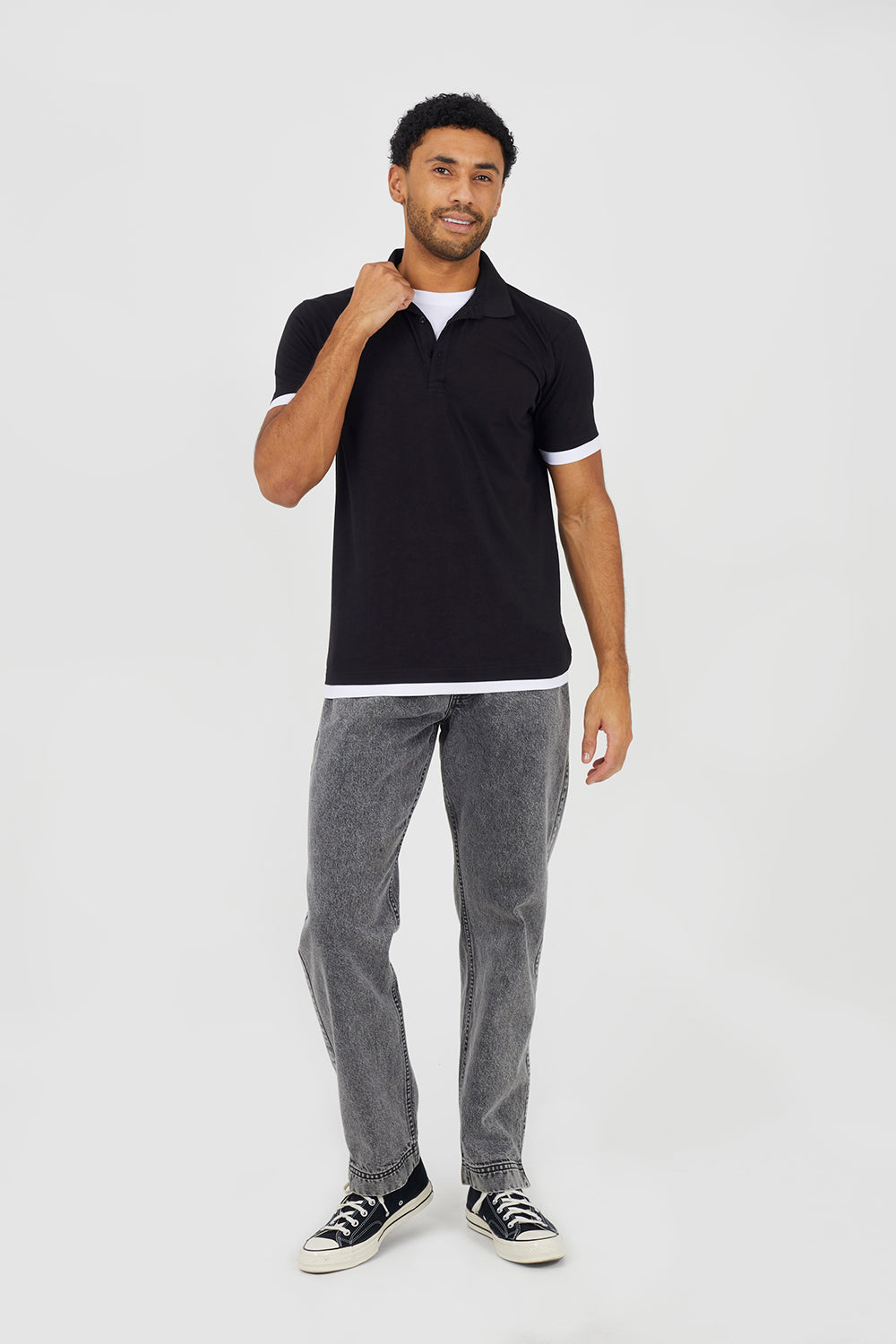 Brave Soul Black Cotton Mock Crew Neck Polo Shirt - Black Image 3