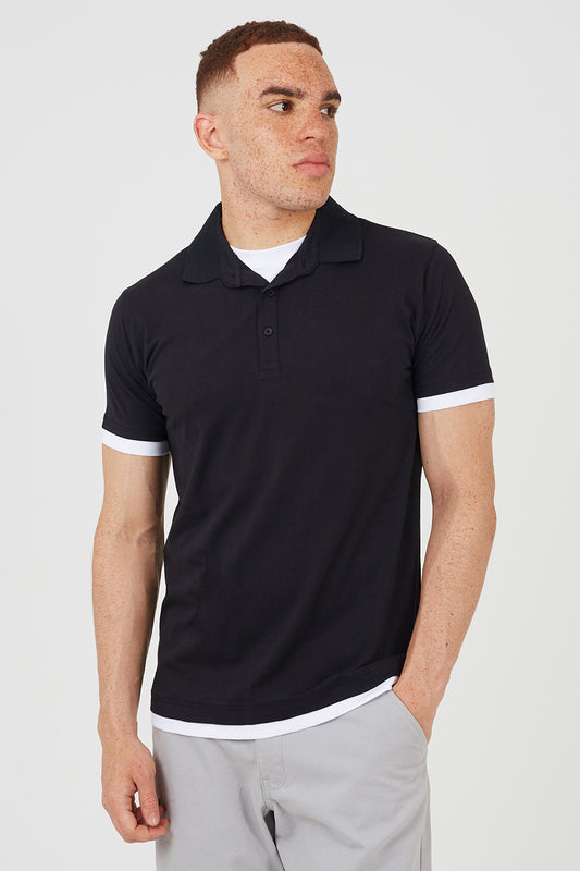 Brave Soul Navy Cotton Mock Crew Neck Polo Shirt - Navy Image 1