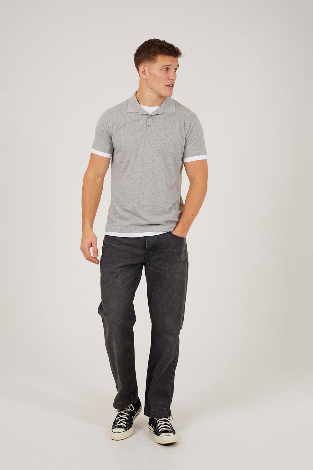 Brave Soul Light Grey Cotton Mock Crew Neck Polo Shirt - Light Grey Image 3