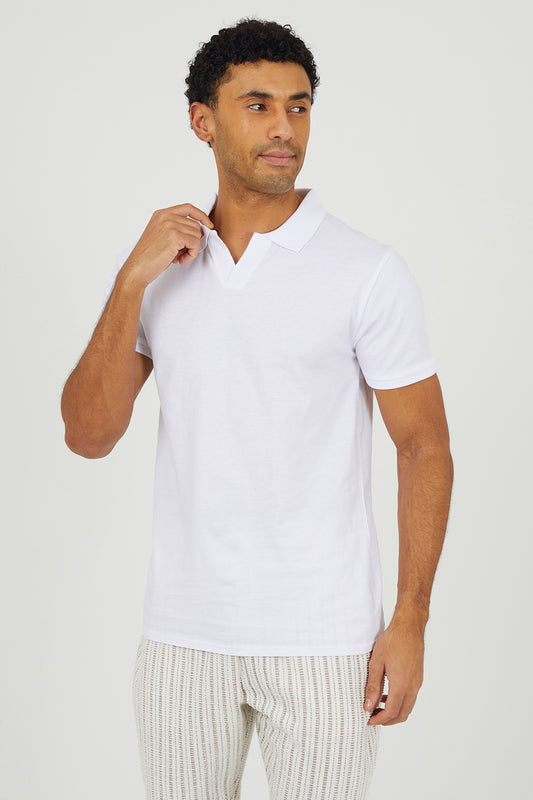 Brave Soul White Cotton Open Collar Polo Shirt - White Image 1