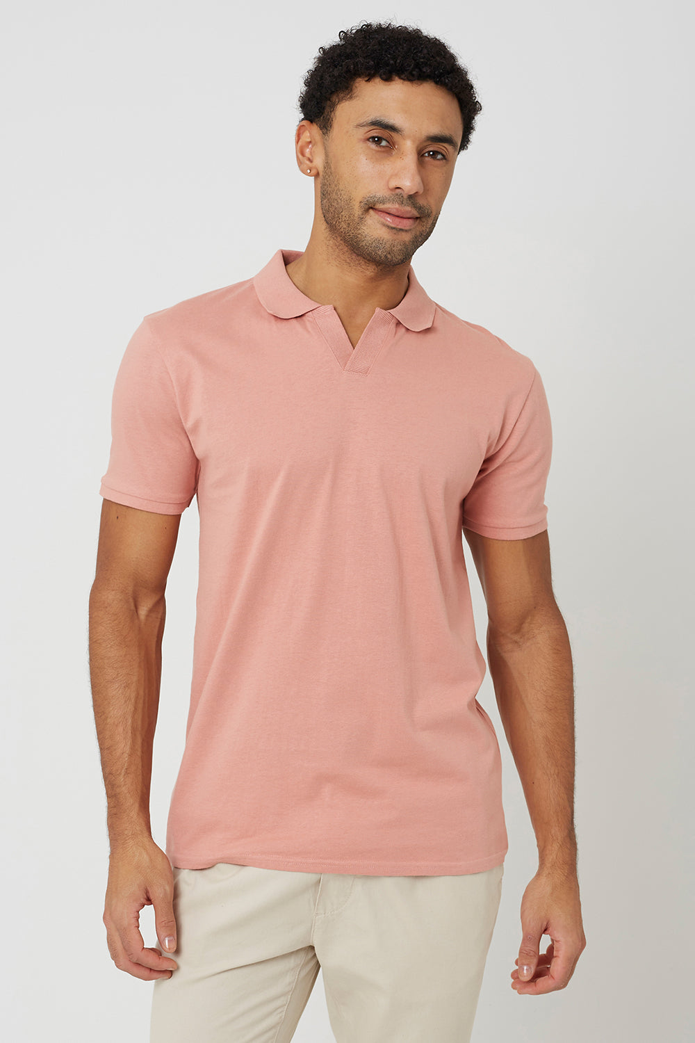 Brave Soul Dusty Pink Cotton Open Collar Polo Shirt - Dusty Pink Image 1