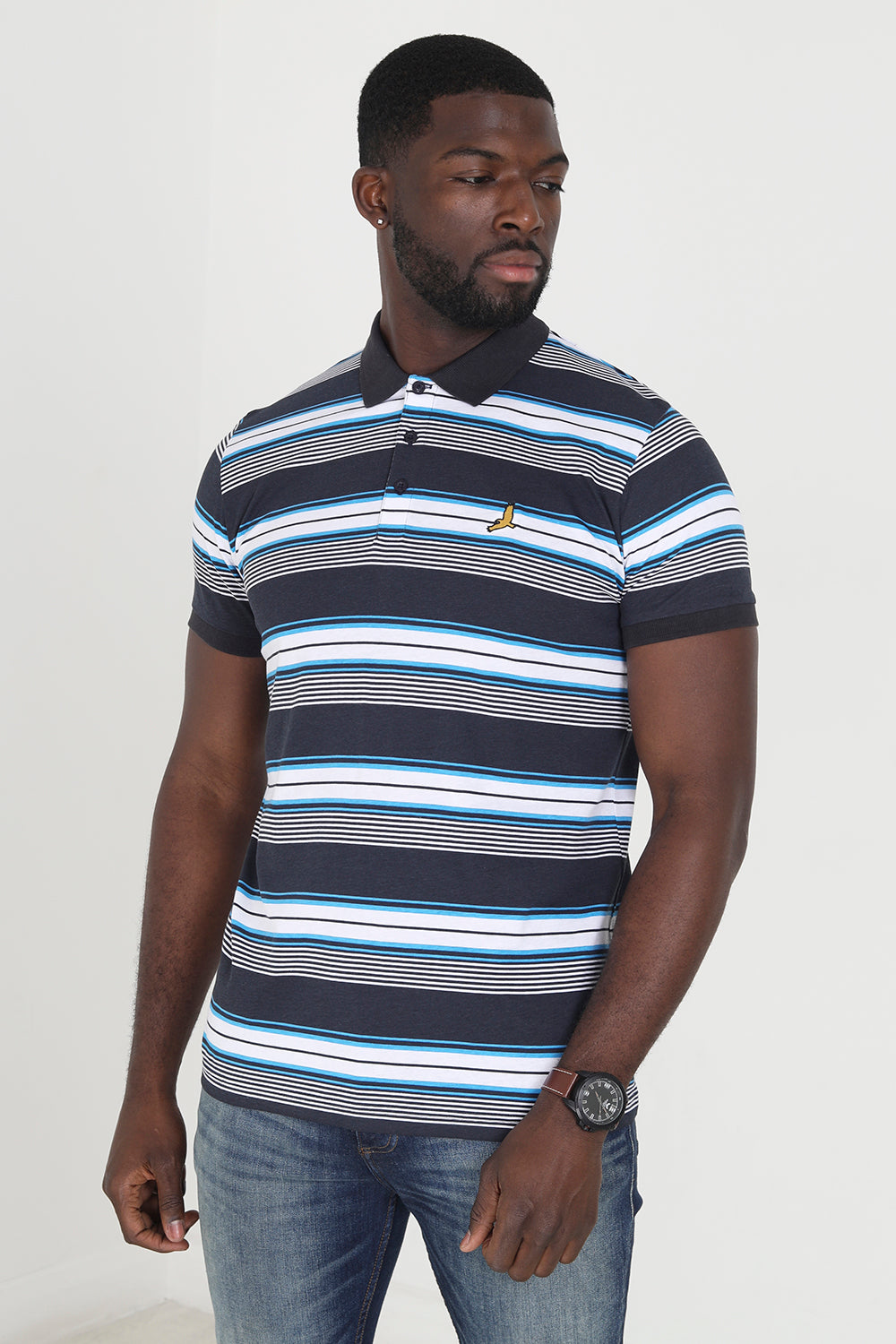 Brave Soul Dark Navy Cotton Jersey Stripe Polo Shirt - Dark Navy Image 1