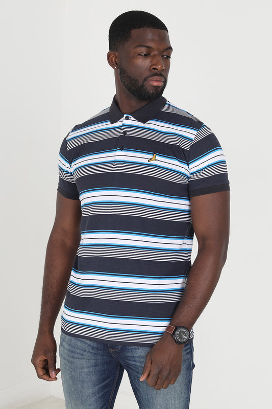Brave Soul Dark Navy Cotton Jersey Stripe Polo Shirt - Dark Navy Image 1
