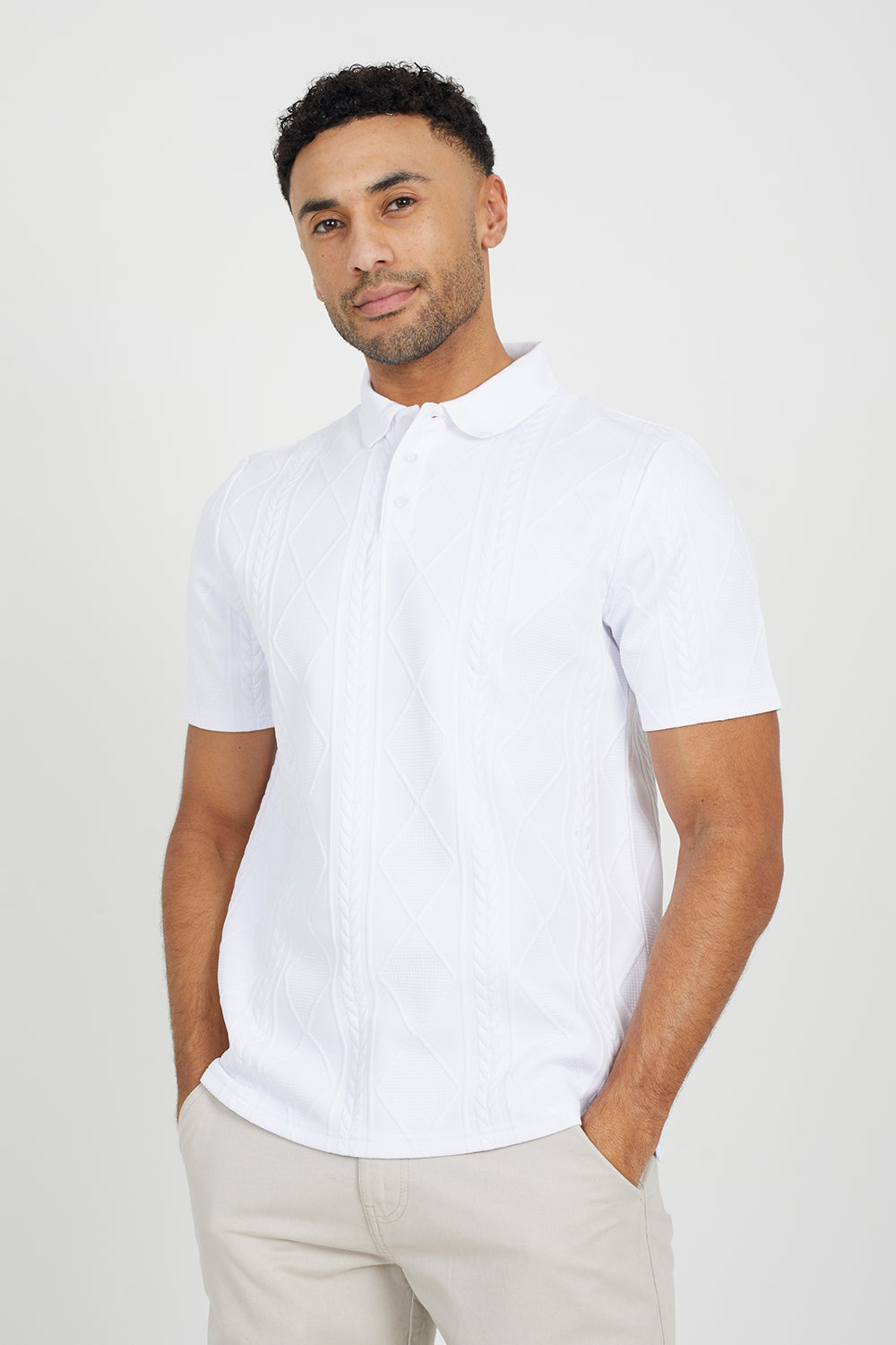 Brave Soul White Jaquard Knit Polo Shirt - White Image 1
