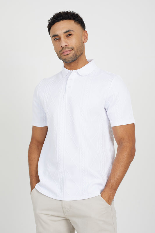 Brave Soul White Jaquard Knit Polo Shirt - White Image 1