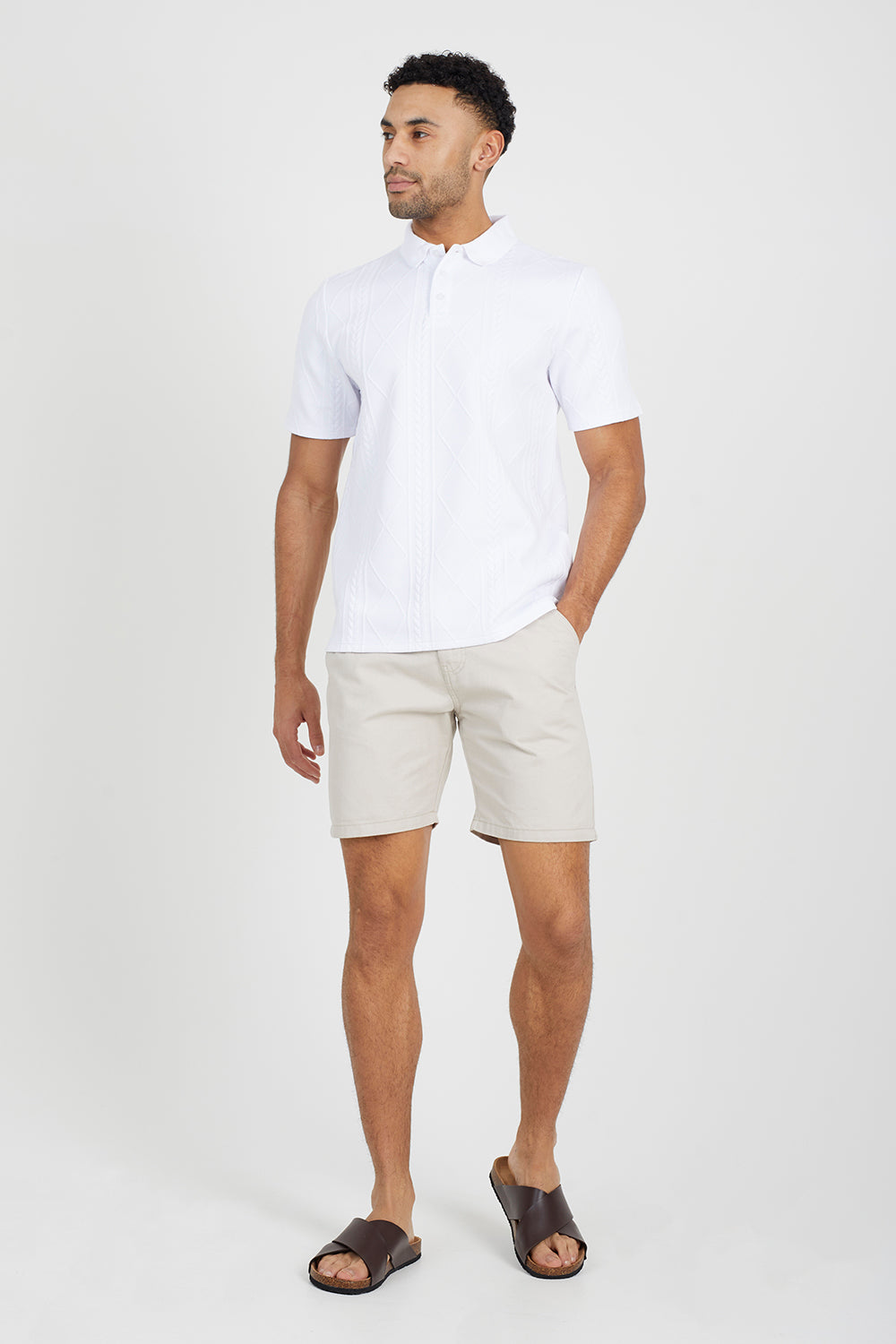 Brave Soul White Jaquard Knit Polo Shirt - White Image 3