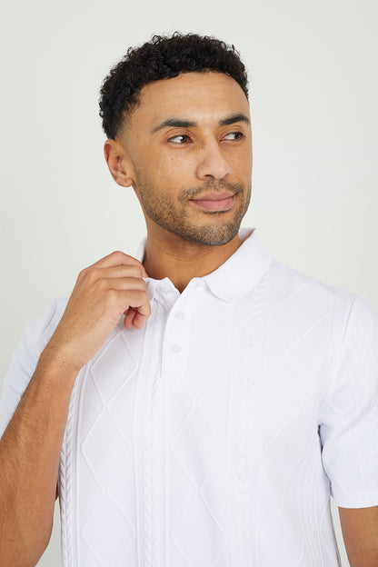 Brave Soul White Jaquard Knit Polo Shirt - White Image 4