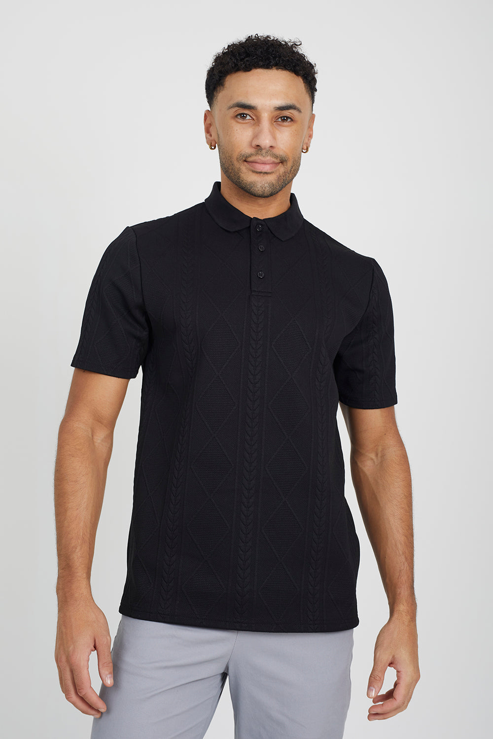 Brave Soul Black Jaquard Knit Polo Shirt - Black Image 1