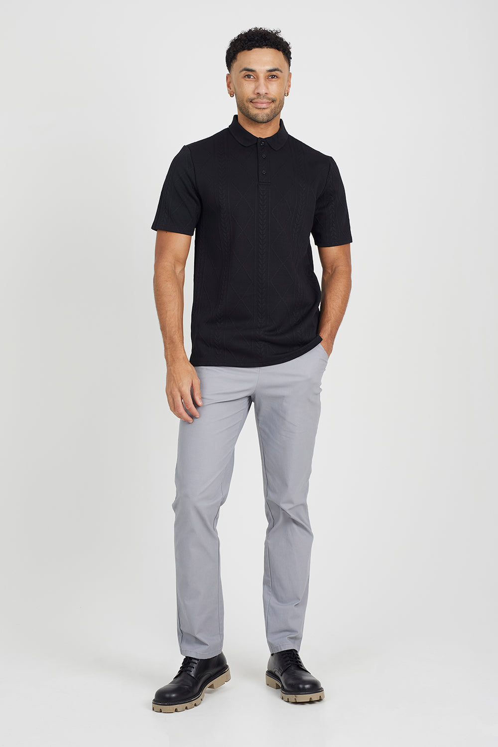 Brave Soul Black Jaquard Knit Polo Shirt - Black Image 3