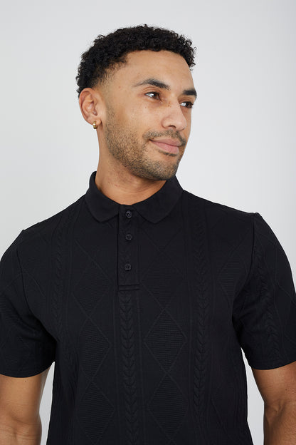 Brave Soul Black Jaquard Knit Polo Shirt - Black Image 4
