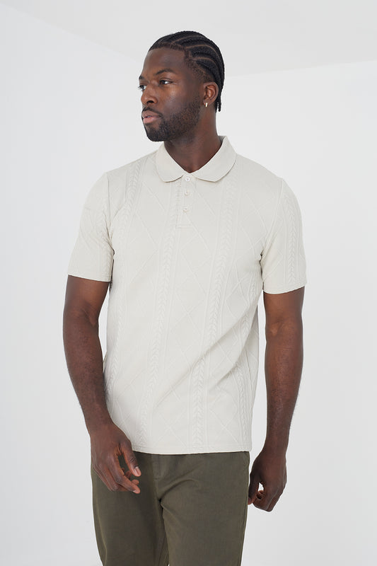 Brave Soul Light stone Short Sleeve Jacquard Polo Shirt - Light stone Image 1