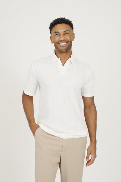 Brave Soul Off White Jacquard Trophy Neck Polo Shirt - Off White Image 1