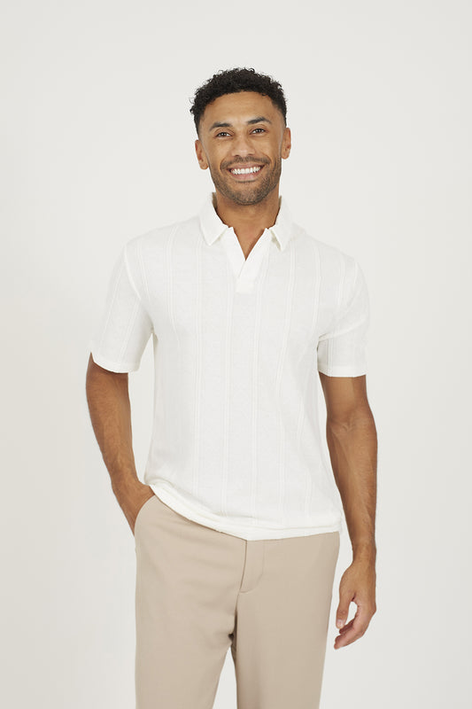 Brave Soul Off White Jacquard Trophy Neck Polo Shirt - Off White Image 1