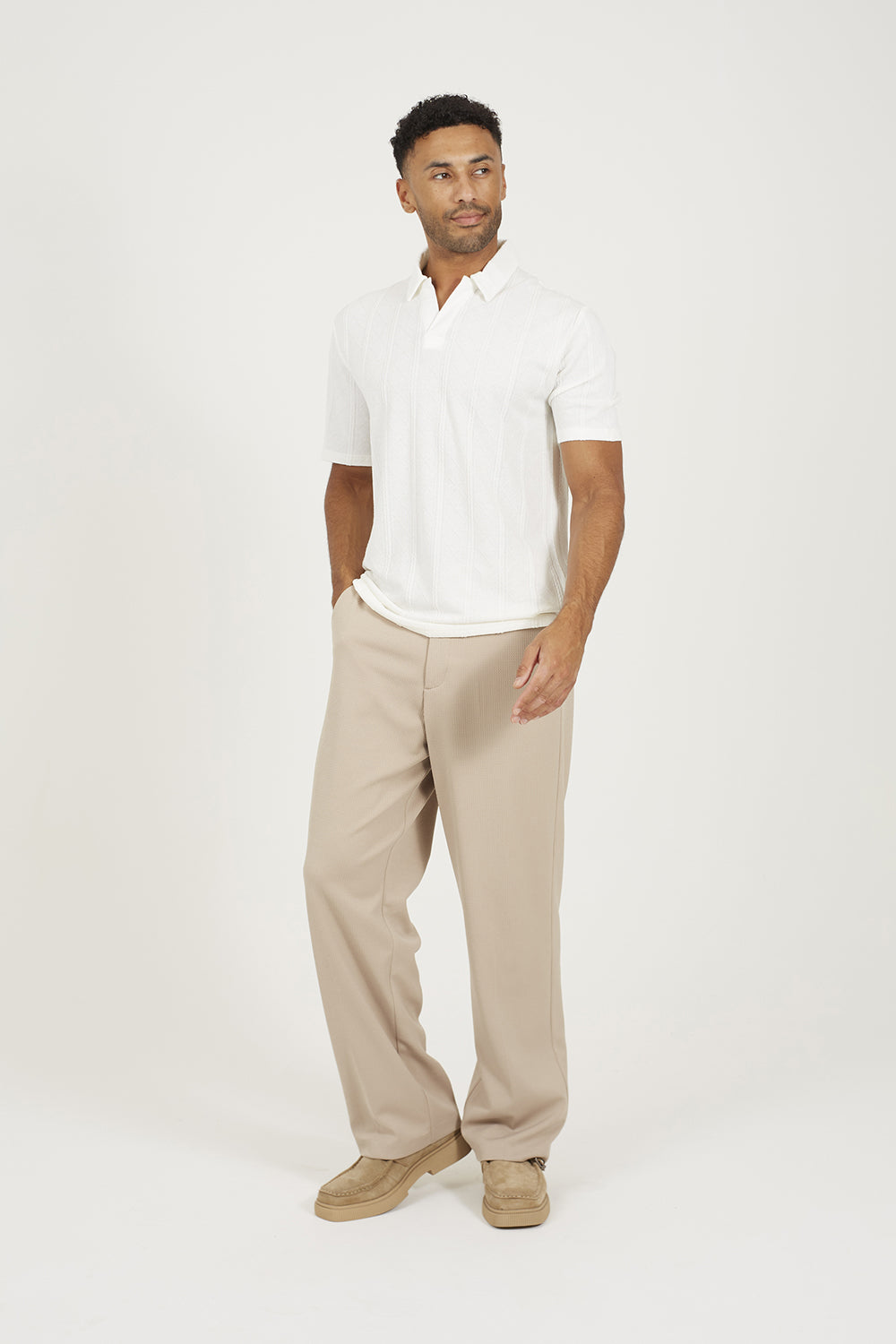 Brave Soul Off White Jacquard Trophy Neck Polo Shirt - Off White Image 3