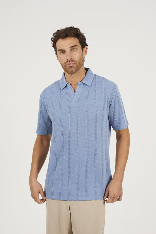 Brave Soul Blue Jacquard Trophy Neck Polo Shirt - Blue Image 1