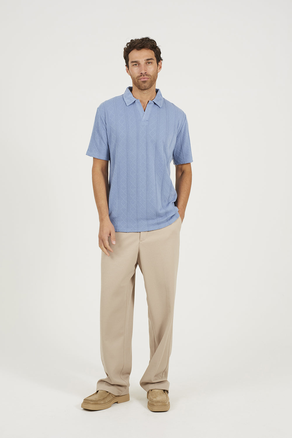 Brave Soul Blue Jacquard Trophy Neck Polo Shirt - Blue Image 3