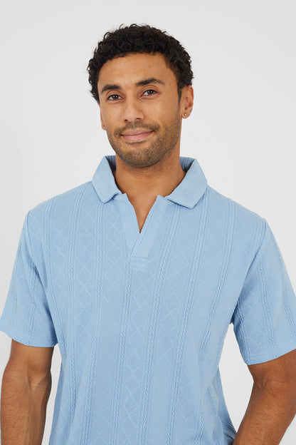 Brave Soul Light Blue Jacquard Trophy Neck Polo Shirt - Light Blue Image 4