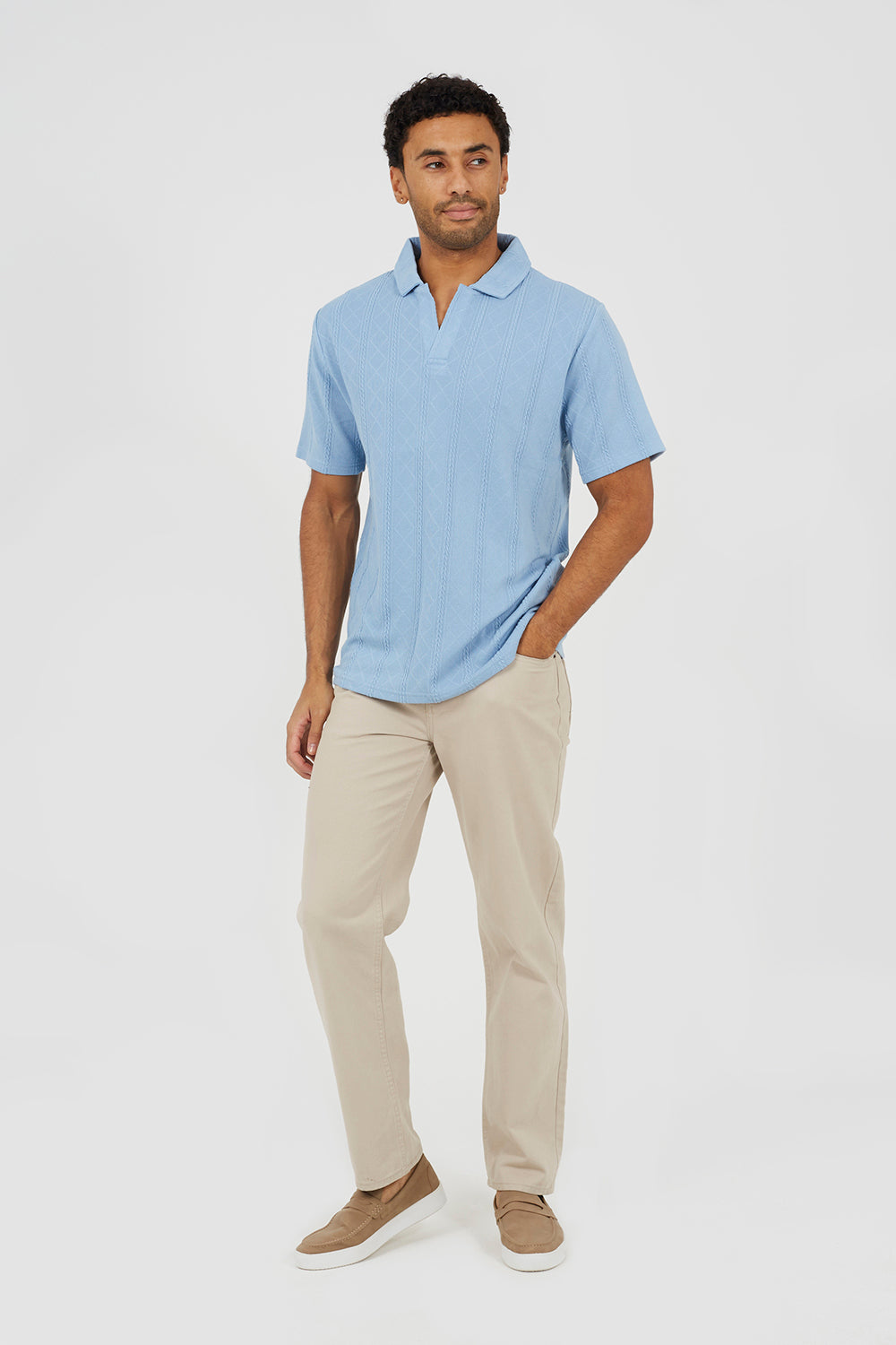 Brave Soul Light Blue Jacquard Trophy Neck Polo Shirt - Light Blue Image 3