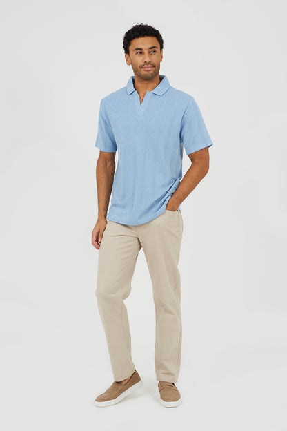 Brave Soul Light Blue Jacquard Trophy Neck Polo Shirt - Light Blue Image 3