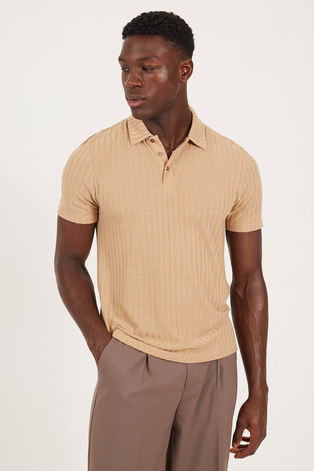 Brave Soul Taupe Textured Short Sleeve Polo Shirt - Taupe Image 1