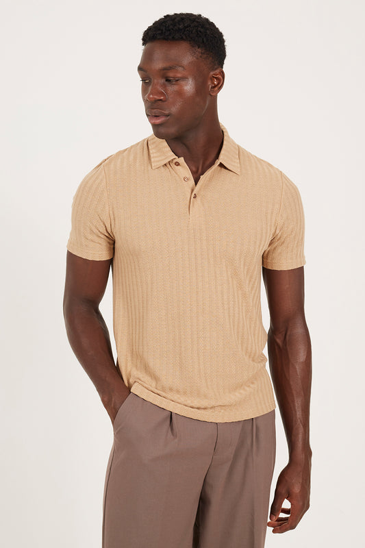 Brave Soul Taupe Textured Short Sleeve Polo Shirt - Taupe Image 1