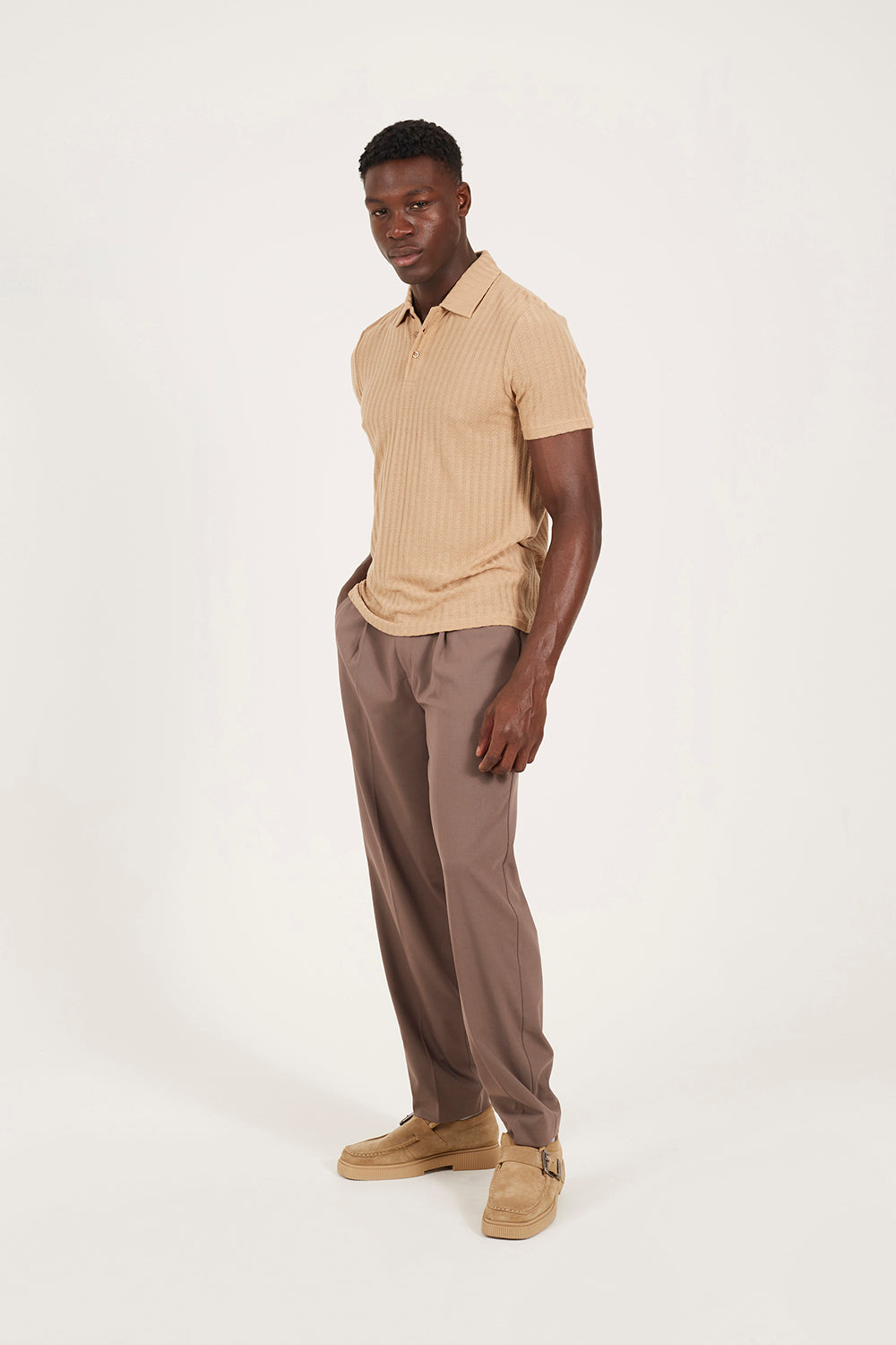 Brave Soul Taupe Textured Short Sleeve Polo Shirt - Taupe Image 3