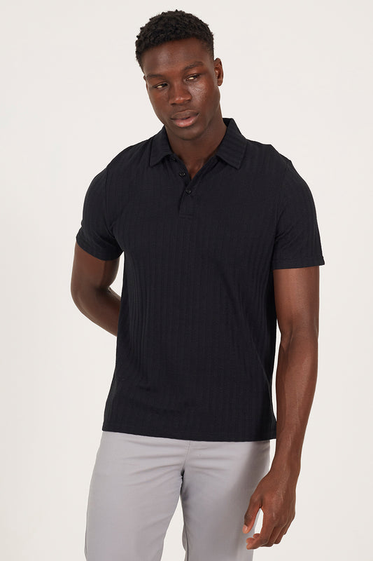 Brave Soul Black Textured Short Sleeve Polo Shirt - Black Image 1