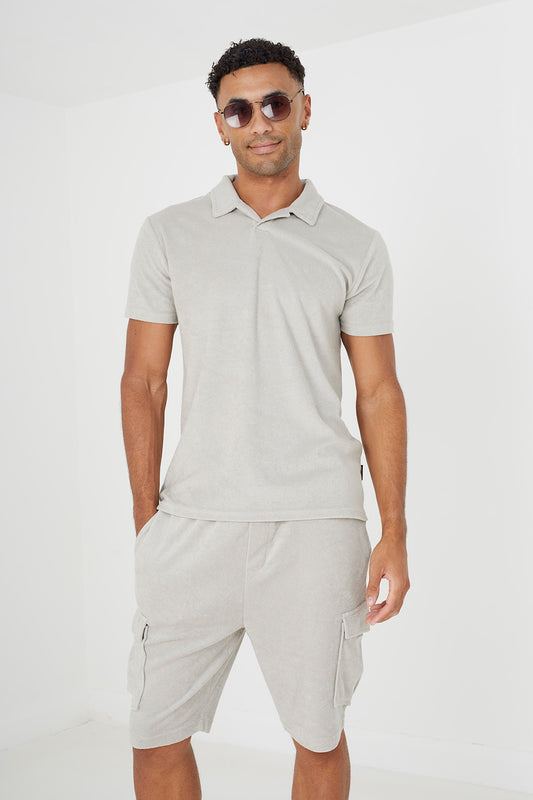 Brave Soul Light stone Short Sleeve Towelling Open Collar Polo Shirt - Light stone Image 1